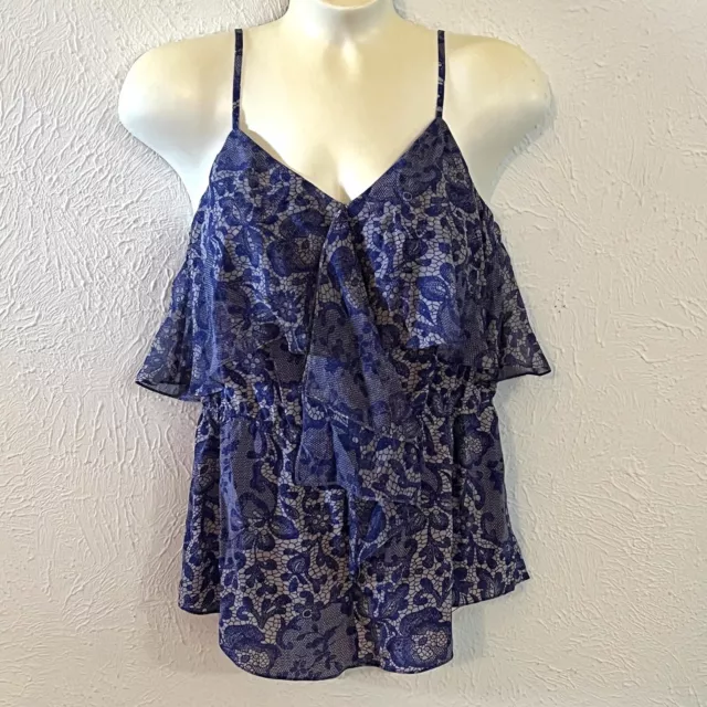 NWT Rebecca Taylor Women Lace Print Cami Spaghetti Strap Blue Nude Ruffle Tank 4