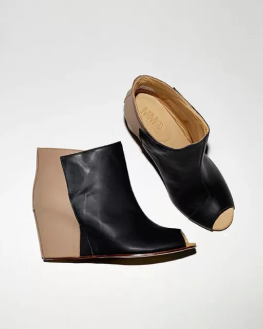 MM6 Maison Martin Margiela Black Leather Wedge Ankle Boots, Size 37