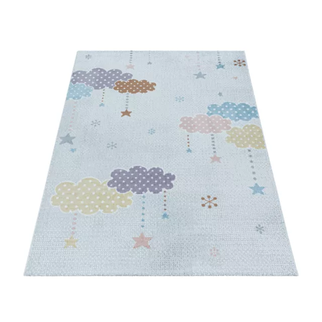 Pelo Corto Alfombra Infantil Dormitorio Colorido Nubes Estrellas Suave Blanco 3