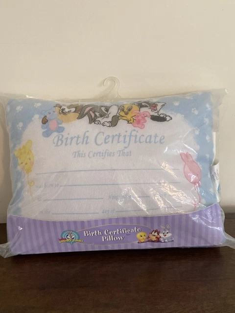 Baby Looney Tunes Birth Certificate Pillow Taz Bugs Tweety New Rare Vintage 90’s