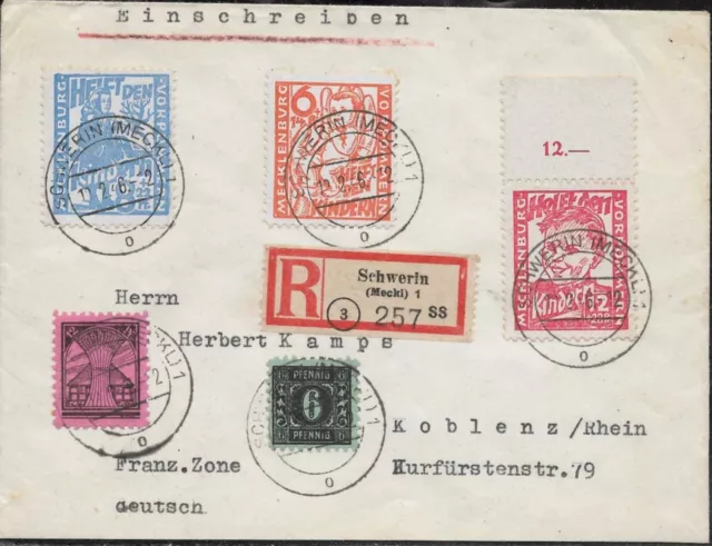 SBZ MV 1945, R- Brief Kinderhilfe Mi 26/28+ZuF Schwerin, gepr. Kramp