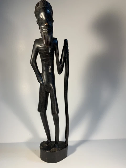 Vintage African Tribal Hand Carved Ebony Wood Man w/Staff Carved Statue Tanzania