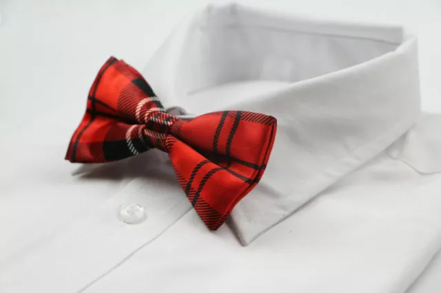 Patterned Check Red White Black Bow Tie Satin Silky Pretied Adjustable Tartan