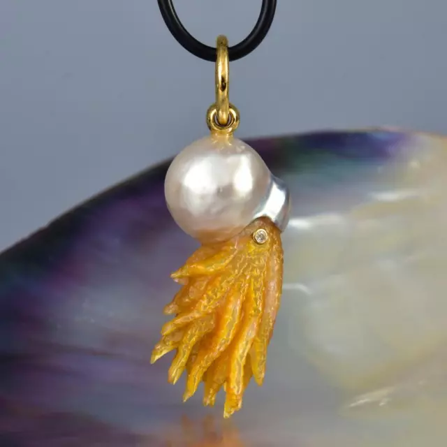 Nautilus Pendant South Sea Pearl Carved Mother-of-Pearl Sterling Diamond 9.92 g