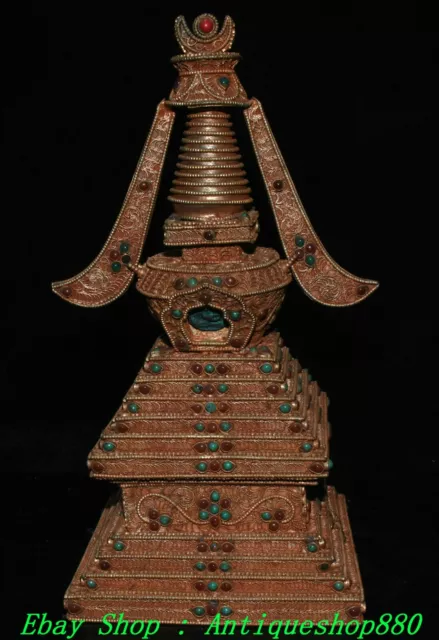 11'' Old Tibet Buddhism Filigree Inlay Gem Turquoise Buddha Stupa Pagoda Tower