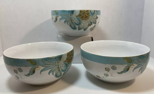 Eliza Spring turquoise 222 Fifth Soup Cereal Bowl Aqua Gold Floral Set Of 3