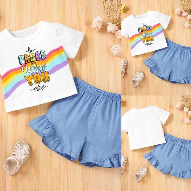Toddler Baby Girls Summer Clothes Denim Floral Look Outfit T-Shirt Shorts Set UK