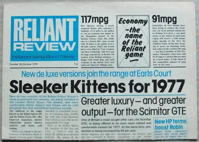 RELIANT REVIEW Inc BOND NEWS NEWSPAPER No 78 Oct 1976 Robin SCIMITAR GTE Kitten