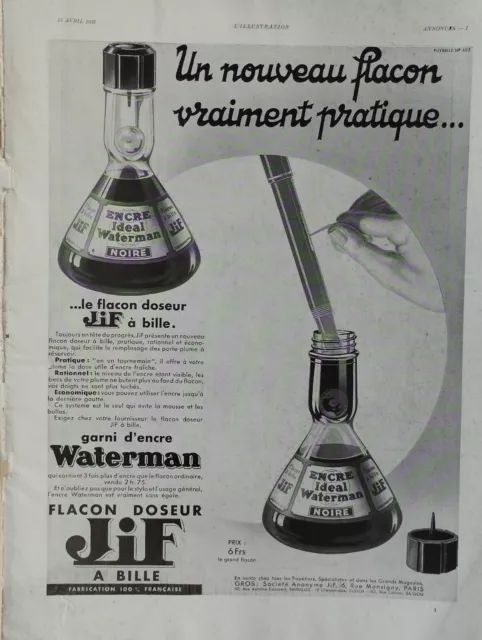 Publicite De Presse Waterman Flacon Encre Noir Jif Print Ad 1931 Vintage