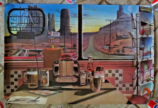 1980s MILLER LITE BEER Texas Diner Postcard View Poster 30x20" Table Juke Box