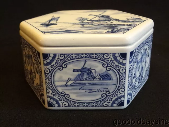 Hand Painted Dutch Sailboat & Windmill - Porcelain Covered Trinket Box - Hexagon