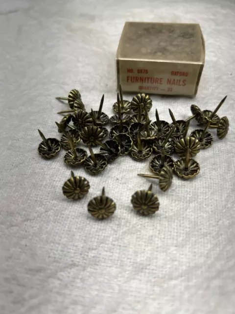 35 Vintage 7/16” Furniture Nails Brass Color Oxford Finish Tacks Daisy Heads