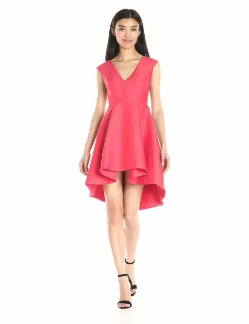 HALSTON HERITAGE Women's Cap Sleeve V-Neck Structured Dress, Coral, 4, MSRP $445