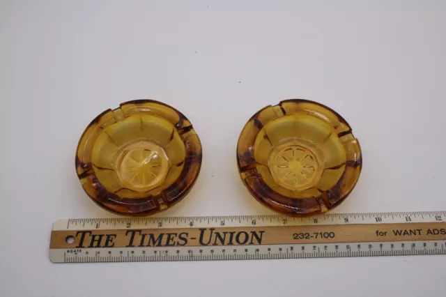 Pair Of Vintage Round Amber Glass Ashtrays 4 Slots R1C4