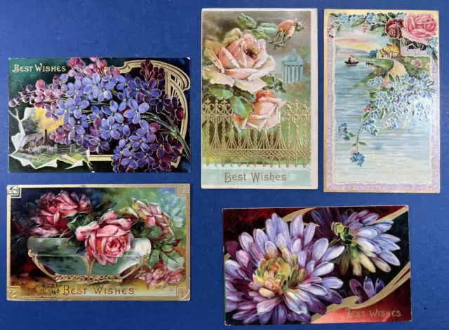 Nice Mixture 5 Bright Colors Greetings Antique Postcards.EMB.Gold.Flowers,Scenes