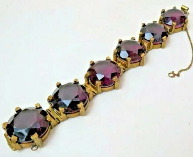 Art Deco CZECH Huge Faceted Amethyst Glass Wide Link BRACELET 7.5" EXQUISITE! 2