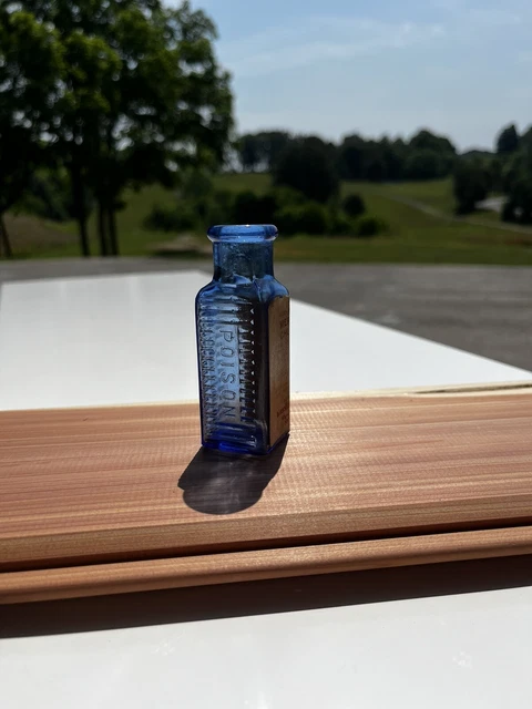 Cobalt Labeled Square Ribbed Bottle Embossed POISON  3 1/4" tall KS-2