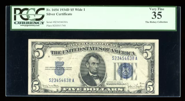 DBR 1934-D $5 Silver Fr. 1654Wi Wide I SA Block PCGS 35 Serial S23454638A