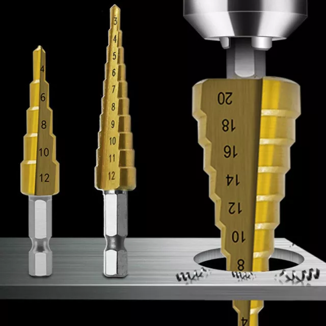 3Pcs HSS Straight Groove Step Drill Bit Titanium Coated Wood Metal Hole C;;i 2