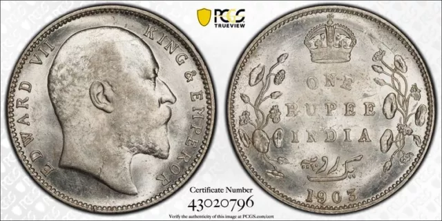 India Edward VII silver rupee 1903 B dot on stem uncirculated PCGS MS63