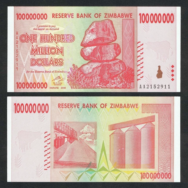 Zimbabwe 100 Million Dollars Banknote AA+ 2008 Uncirculated UNC P-80