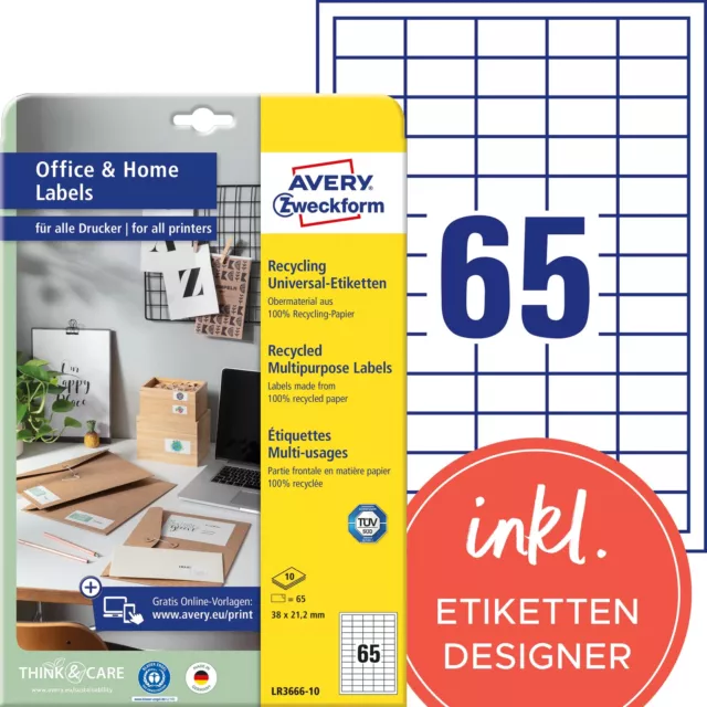 AVERY Zweckform LR3666-10 Recycling Labels (650 Address Labels, 38 x 21.2 mm on