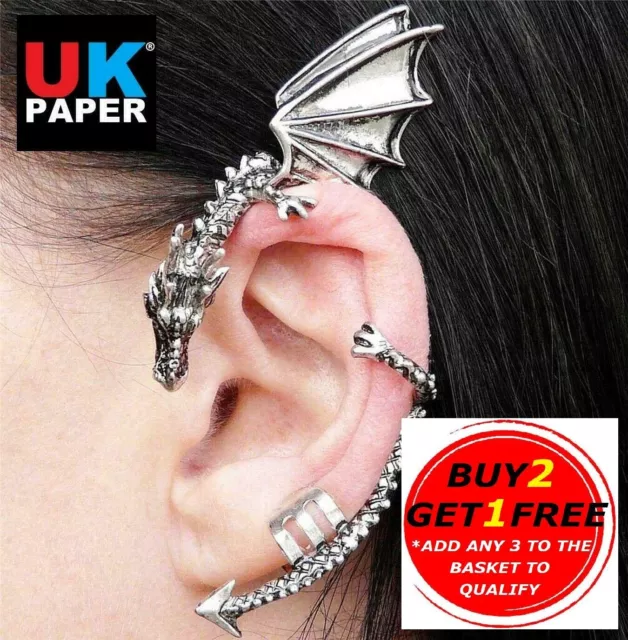 New Dragon Ear Cuff Gold Silver Fake Earring Clip On Goth Punk Stud Wrap Monster