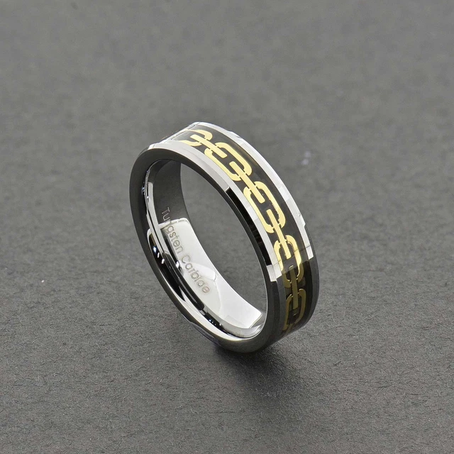 6mm Tungsten Carbide Beveled Edge Gold Chain Link Inlay Her Wedding Band