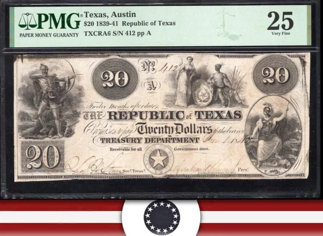 1839-41 $20 Republic Of Texas Obsolete Bank Note Tx Pmg 25 Txcra6 412
