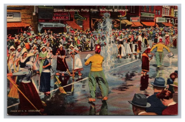 Holland MI Michigan Street Scrubbers Tulip Time Unposted Linen Postcard