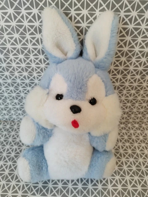 Peluche doudou lapin grelot vintage bleu blanc langue rouge  25 cm Nounours