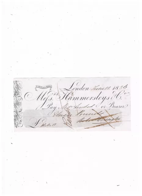 Hammersleys & Co. Pall Mall 1836 Cheque
