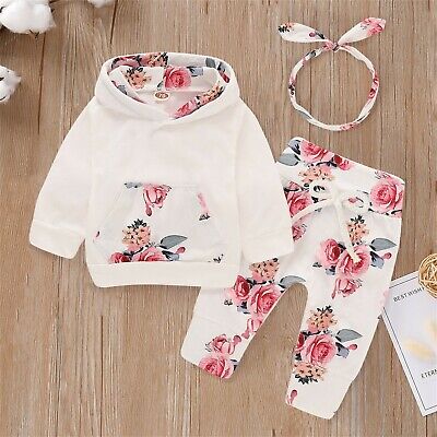 Infant Kids Baby Girls Floral Print Hooded Pullover Tops Pants Headbands Outfits