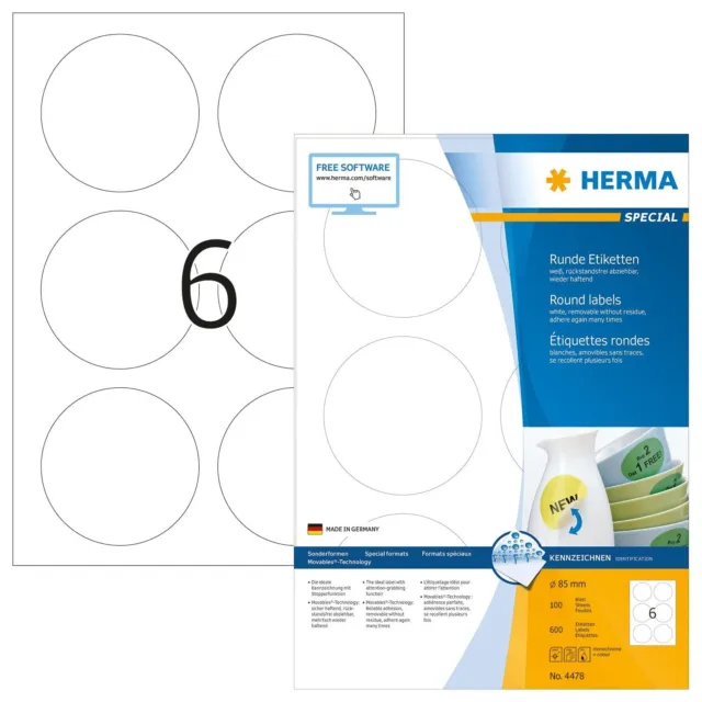 HERMA Self Adhesive Removable Multi-Purpose Labels, 6 Labels Per A4 Sheet, 600 L