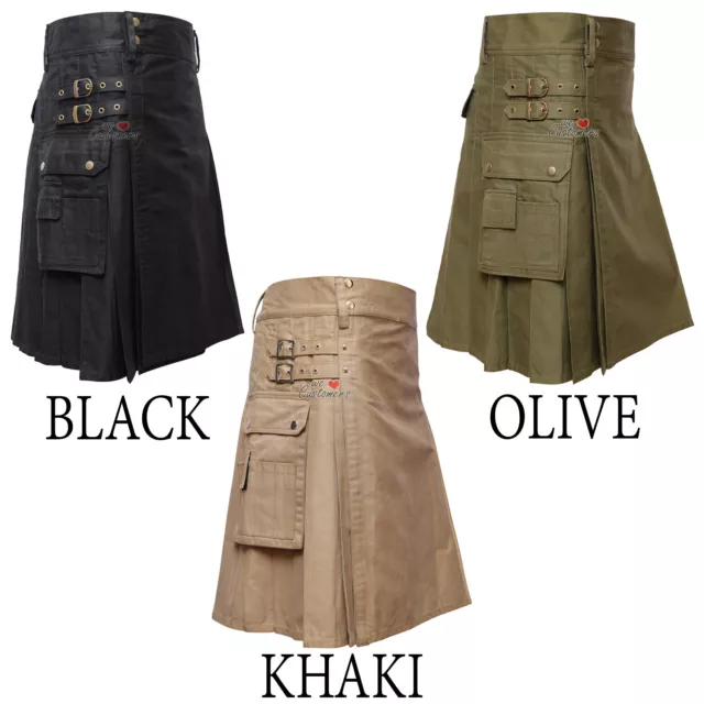 New Men's Cotton Jean Utility Kilts Black, Khaki, Olive 3 Cargo Pockets -WLC