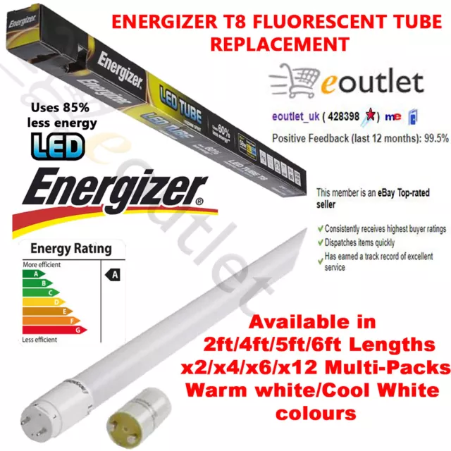 Energizer T8 T12 Led Tube Light Tubes Fluorescent Replacement - 2Ft/4Ft/5Ft/6Ft