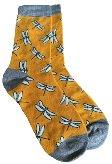 Dragonfly Socks Ladies Mustard Yellow Dragonflies Bamboo Cotton Blend 4 - 7 UK