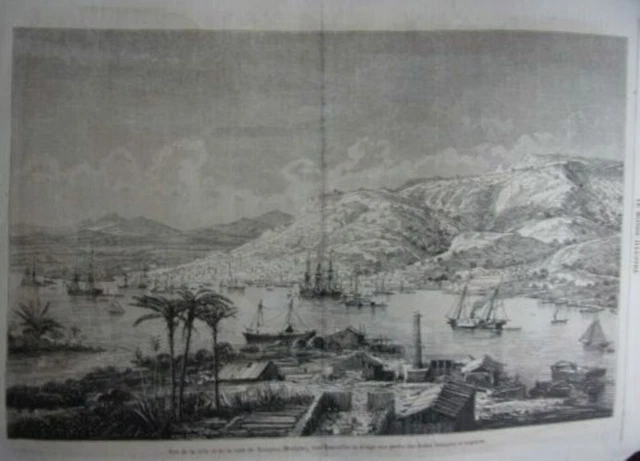 Gravure Sur Bois Monde Illustre 1867 Ville Rade De Tampico Mexique Flotte Franca