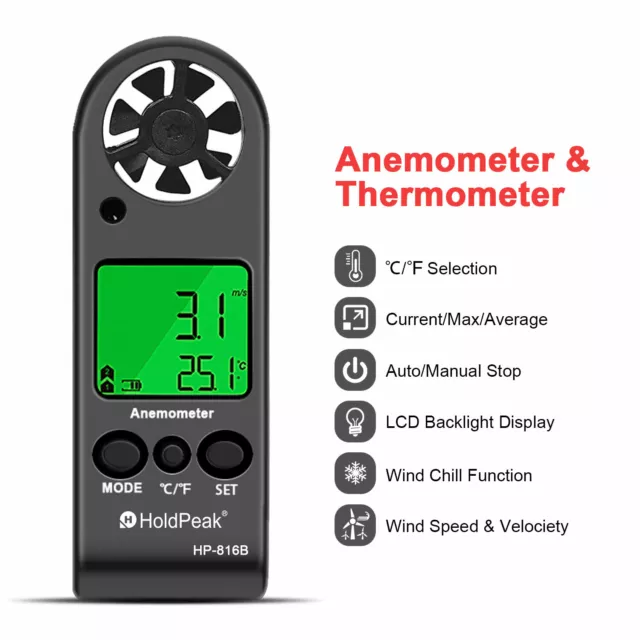 Mini LCD Wind Speed Gauge Air Velocity Meter Digital Anemometer NTC Thermometer