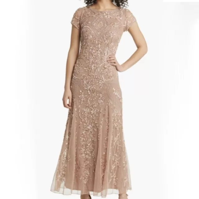 Pisarro Nights Beaded Mesh Midi Cocktail Dress Nude