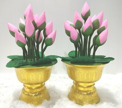 Pair Pink Lotus Pan Flower Offering Buddha Bowl Plate Decor Altar Worship Supply