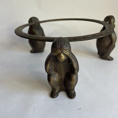 Vintage Brass Monkey Hear no Evil, See, Speak Figurine Round Bowl W/o Glass 6.5”