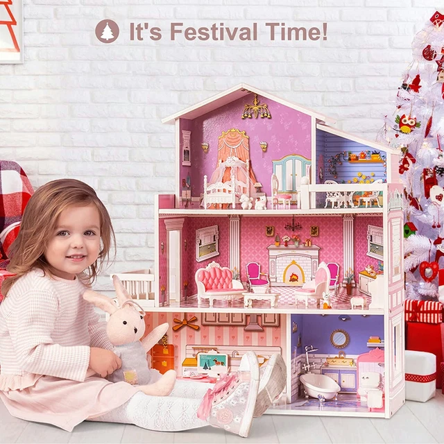 ROBOTIME Large Kids Doll House Wooden 3 Storey Dollhouse Role Play Playhouse Toy