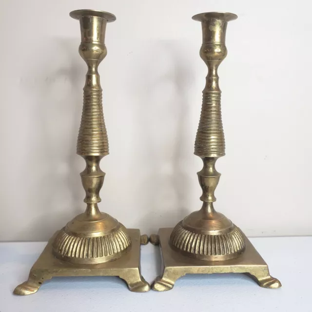 Vintage Brass Candle Stick Holder Pair Empire Style MCM Art Deco Tall 10" Patina