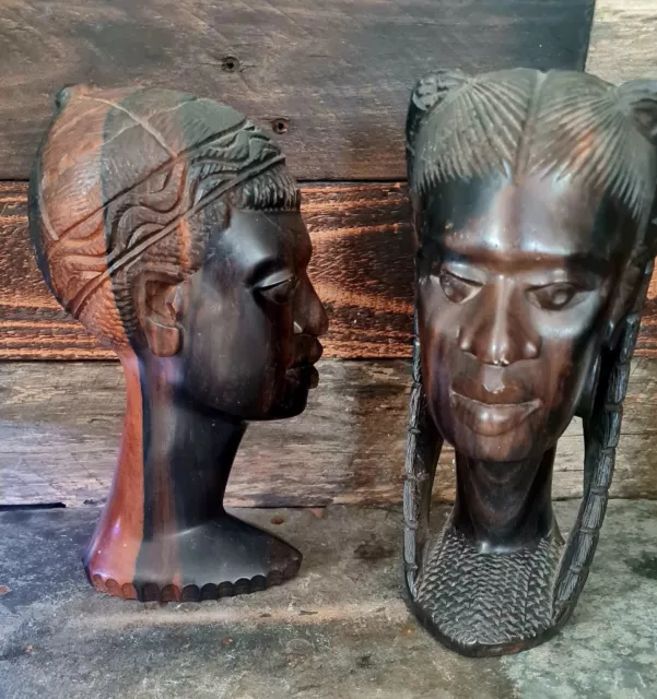 Vintage 40 Plus Years Old Ebony Carved African Heads Pair 2