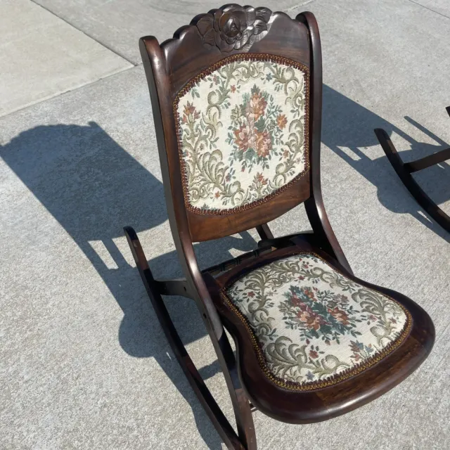 Vintage/Antique Tapestry Carved Wood Folding Rocker Rocking Chair Victorian BLN