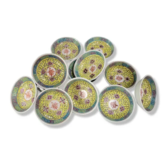 Chinese Mun Shou Famille Rose Jingdezhen Yellow Sauce Bowls  Set of (12) 2.625"