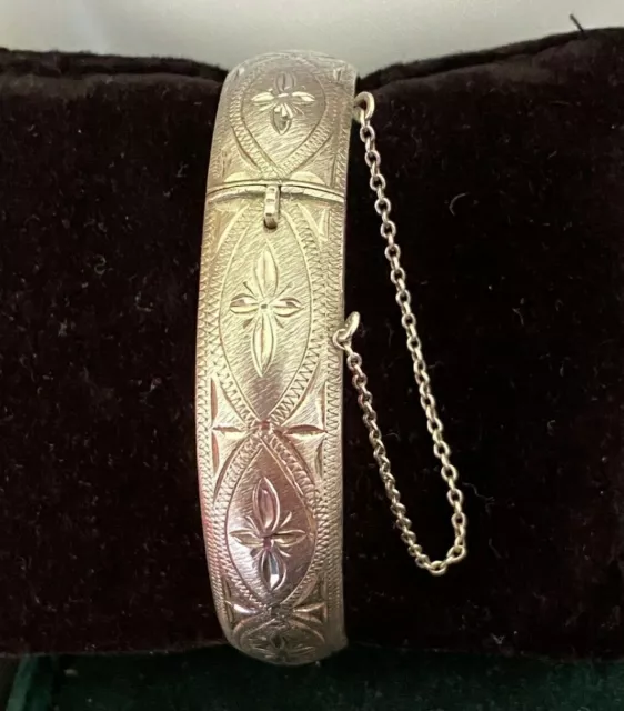 Vintage Scandia Sterling Silver Hinged Bangle Bracelet with Safety Chain