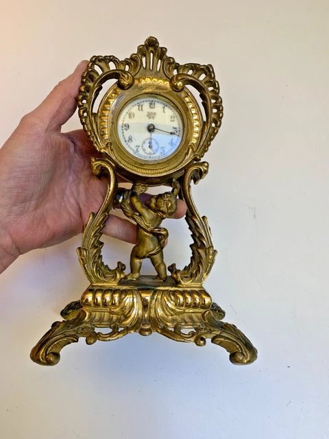Antique 1880 Rococo Solid Gold Bronze~Putti~Small Waterbury Mantel Clock~Wind Up