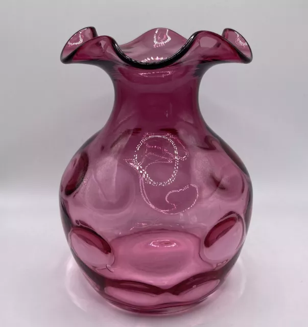 Cranberry Glass Vase Ruffle Top Coin Dot Vintage 5-5/8” Tall